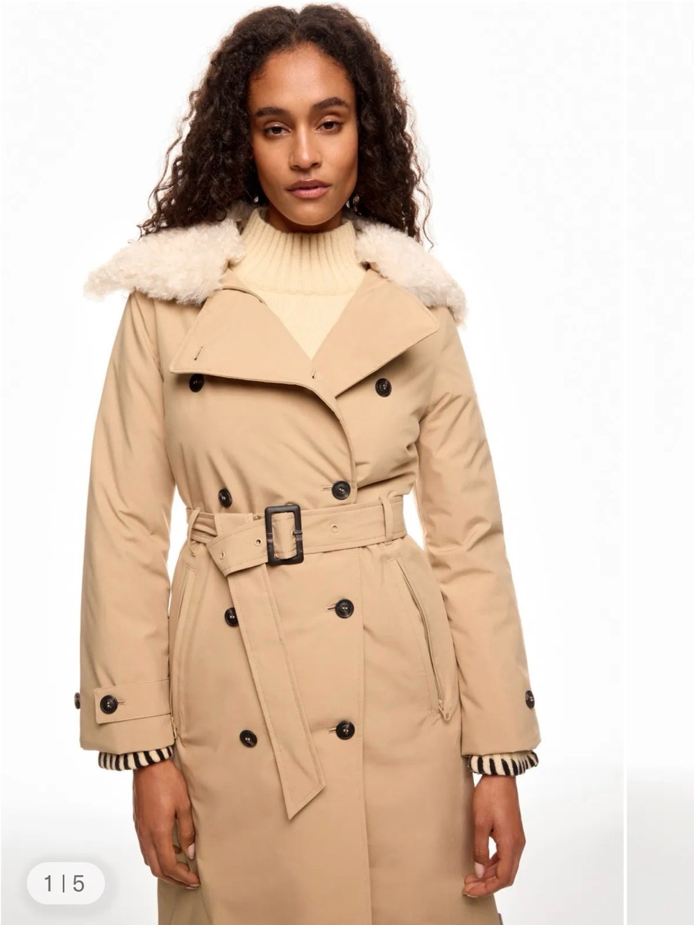 SAVE THE DUCK Beige Trench Coat with Faux Shearling Collar